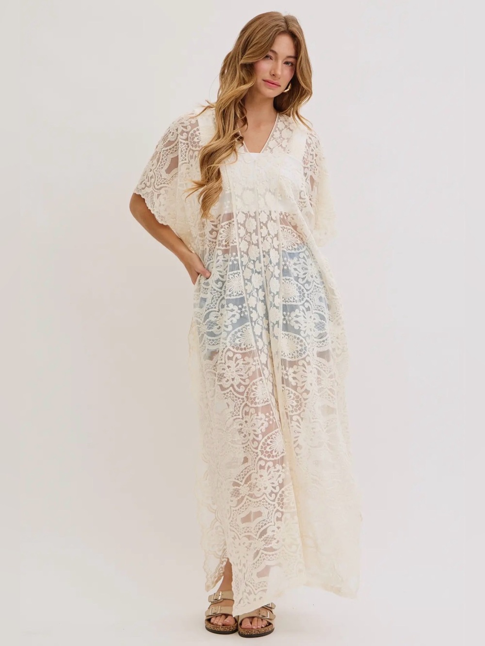 Sweet Lovely By Jen NWT Lace Emboridery Flowy Boho Kaftan Maxi